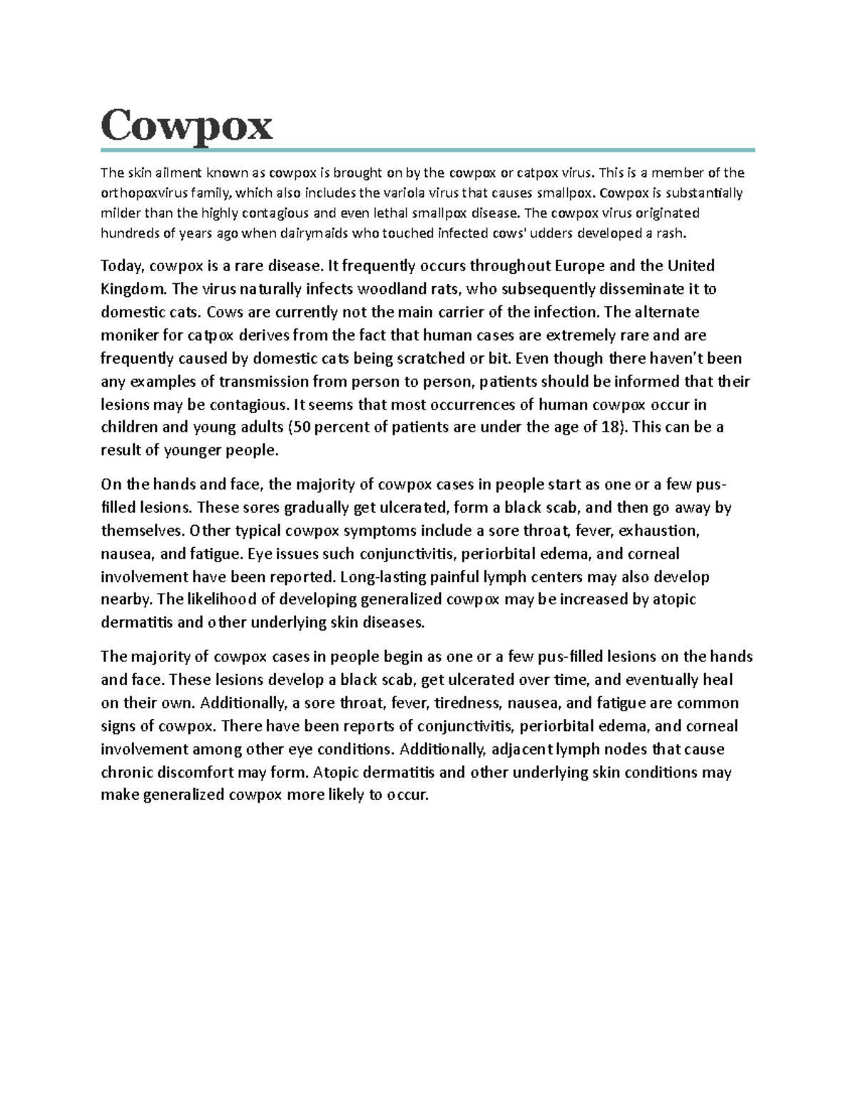 Cowpox Serious HumanAnimal Infections Cowpox The skin ailment