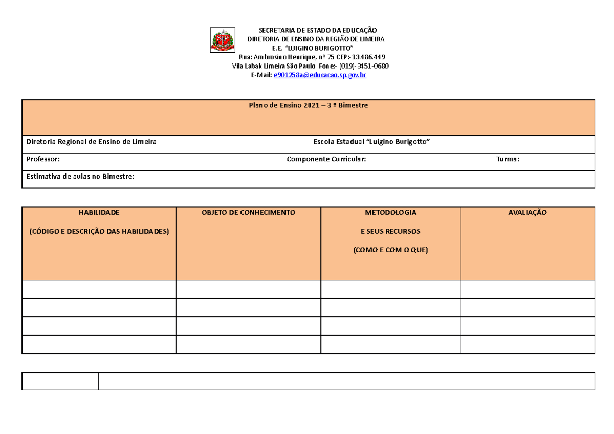 Plano DE Ensino Modelo 1 - SECRETARIA DE ESTADO DA EDUCAÇÃO DIRETORIA ...
