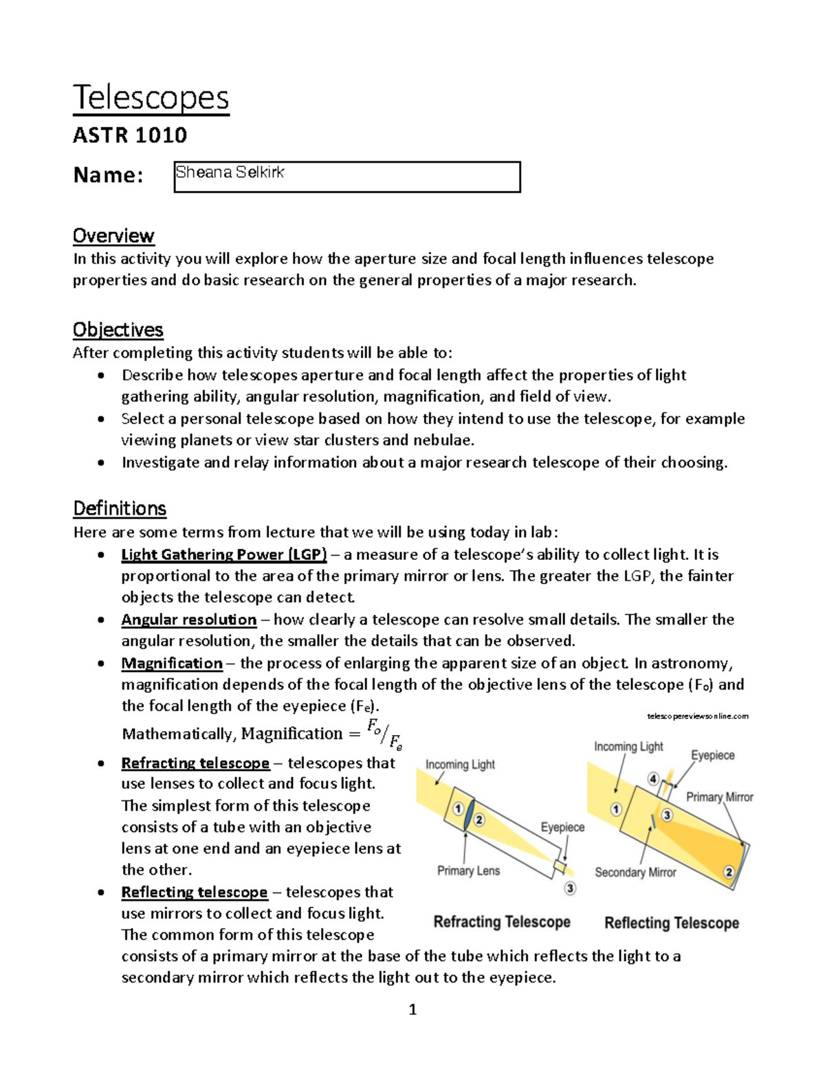 ASTR 1010k Telescope Lab - Telescopes ASTR 1010 Name: Overview In This ...