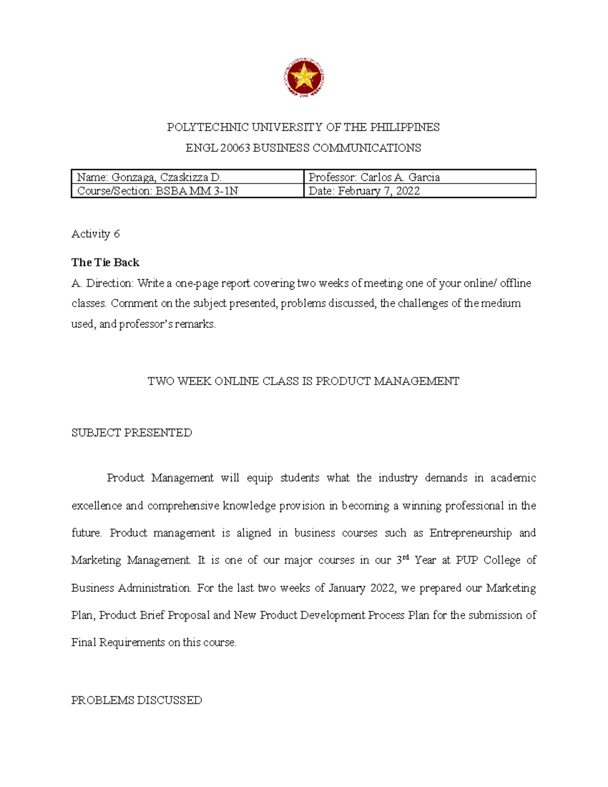 Act 6 - Business Communication reviewer - POLYTECHNIC UNIVERSITY OF THE ...