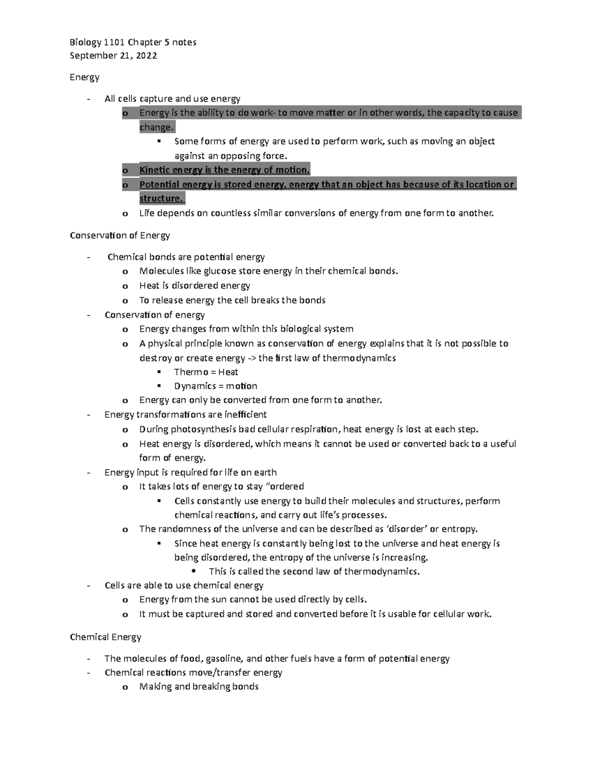 Bio 1101 Chapter 5 Notes - September 21, 2022 Energy All cells capture ...