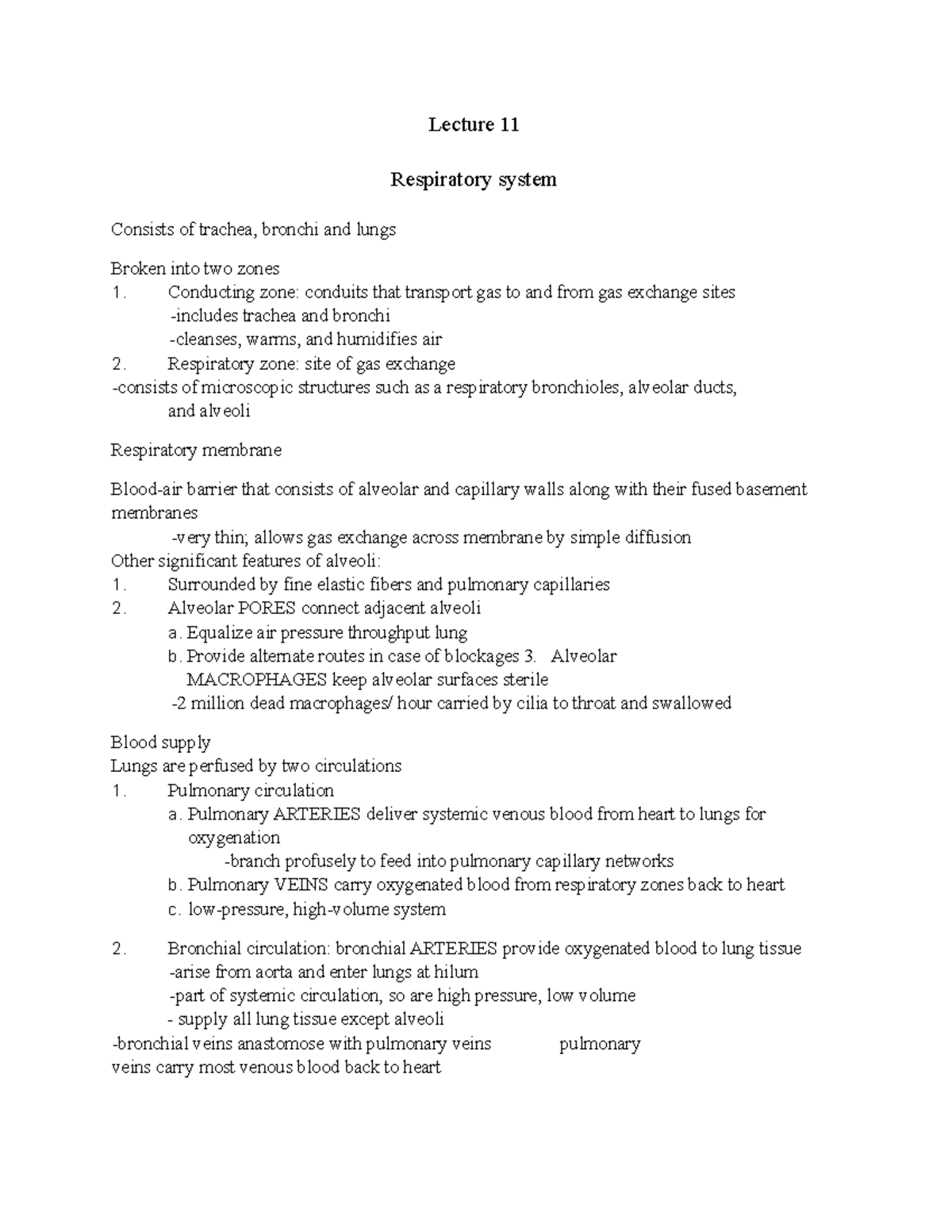 Lecture 11 Notes - Lecture 11 Respiratory System Consists Of Trachea ...