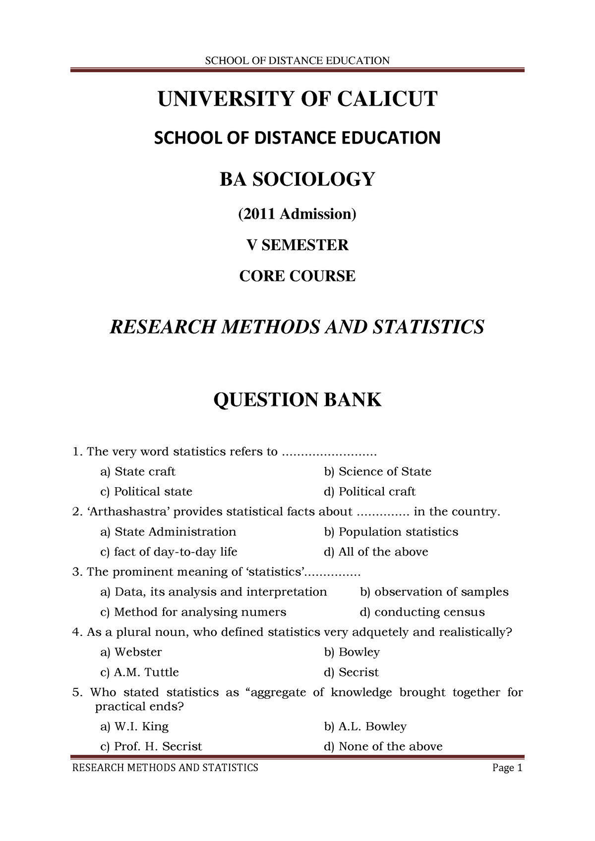 MCQ-Research Method And Statistics - UNIVERSITY OF CALICUT SCHOOL OF ...