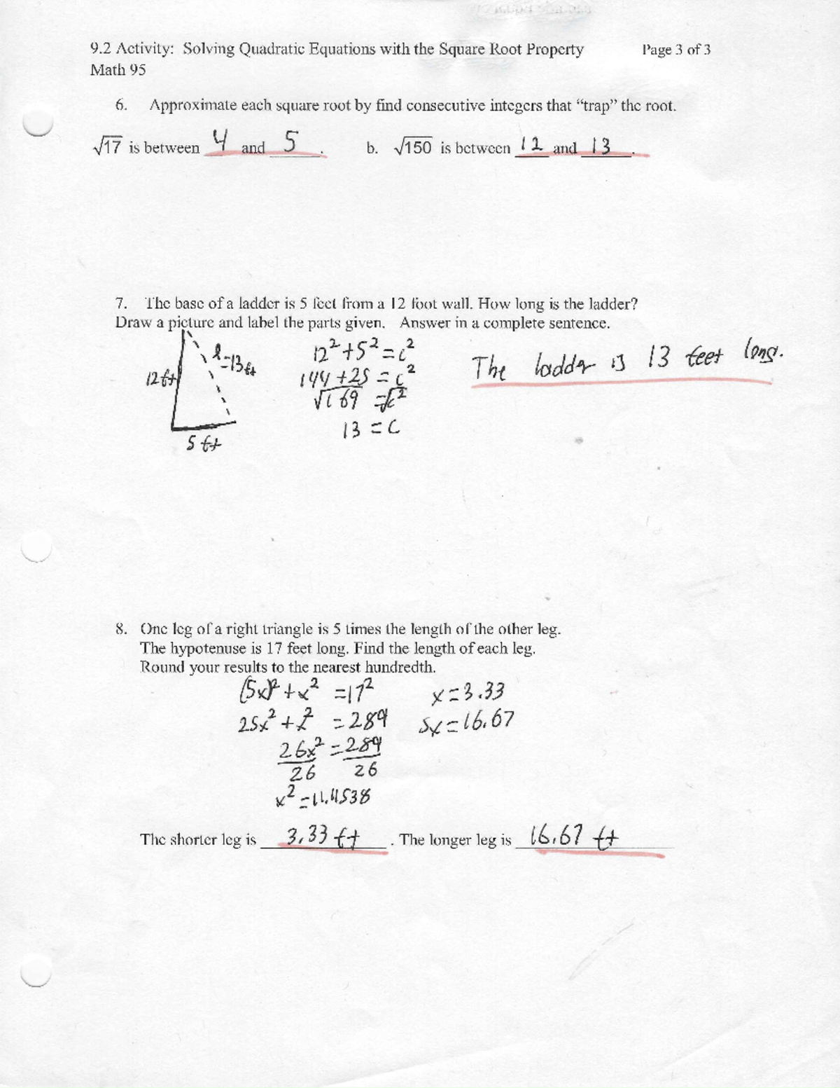9.2 Activity Notes for in class: Solving Quadratic Equations with the ...