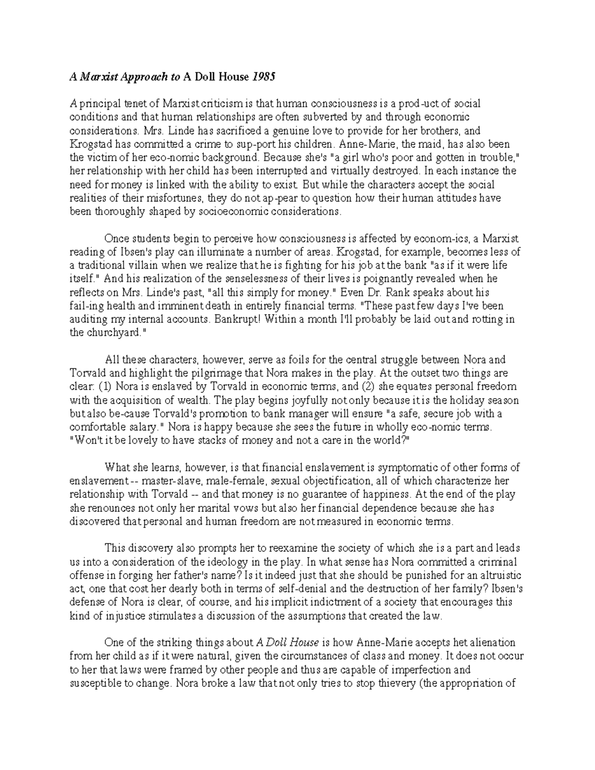 MarxismAMarxistApproachtoADollHouse1985 1 A Marxist Approach