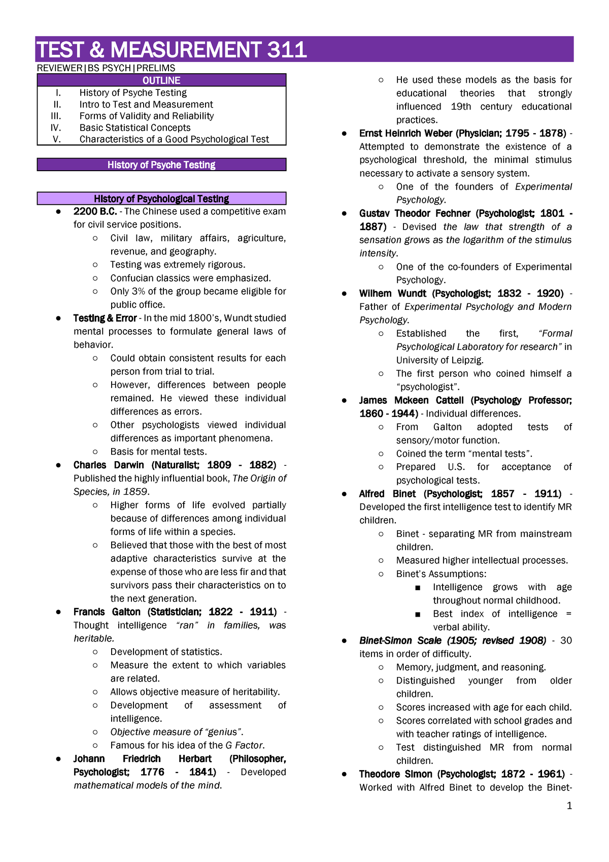 TEST311 Prelims Reviewer - REVIEWER|BS PSYCH|PRELIMS OUTLINE I. History ...