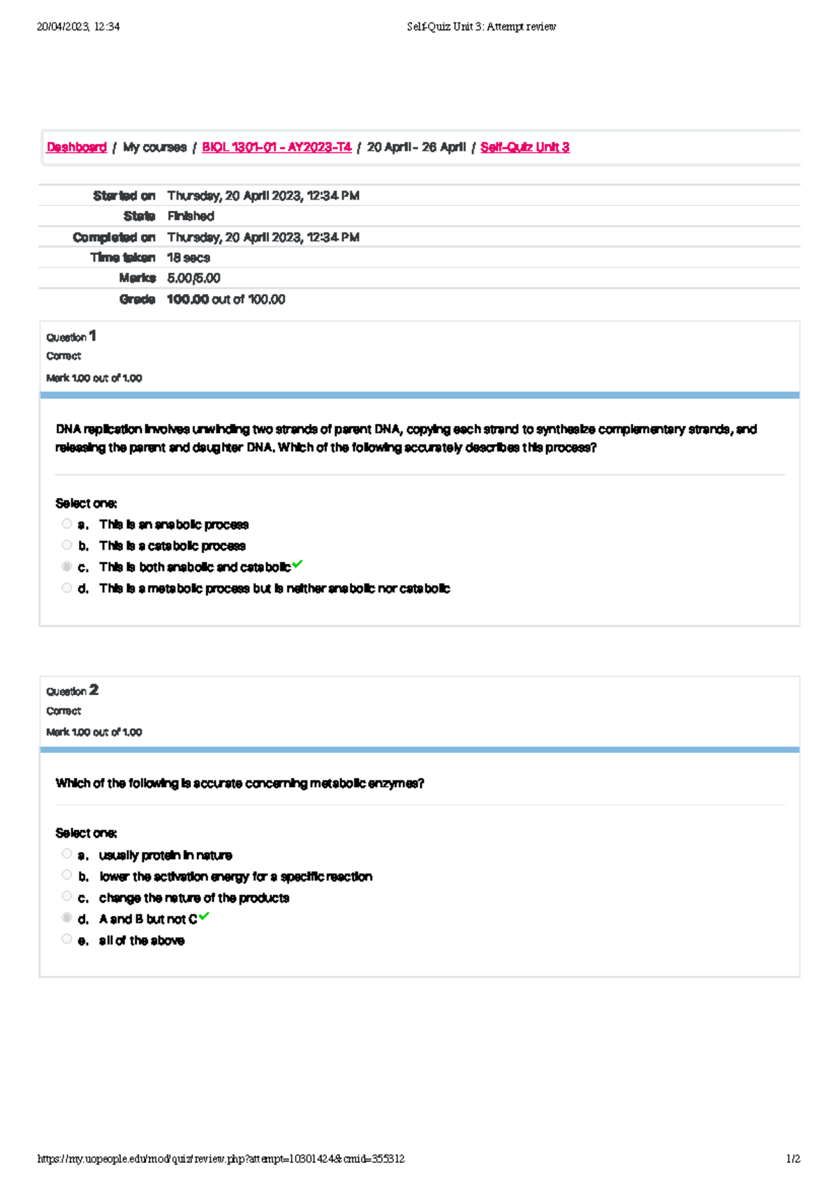 Self-Quiz Unit 3 Attempt Review - 20/04/2023, 12:34 Self-Quiz Unit 3 ...