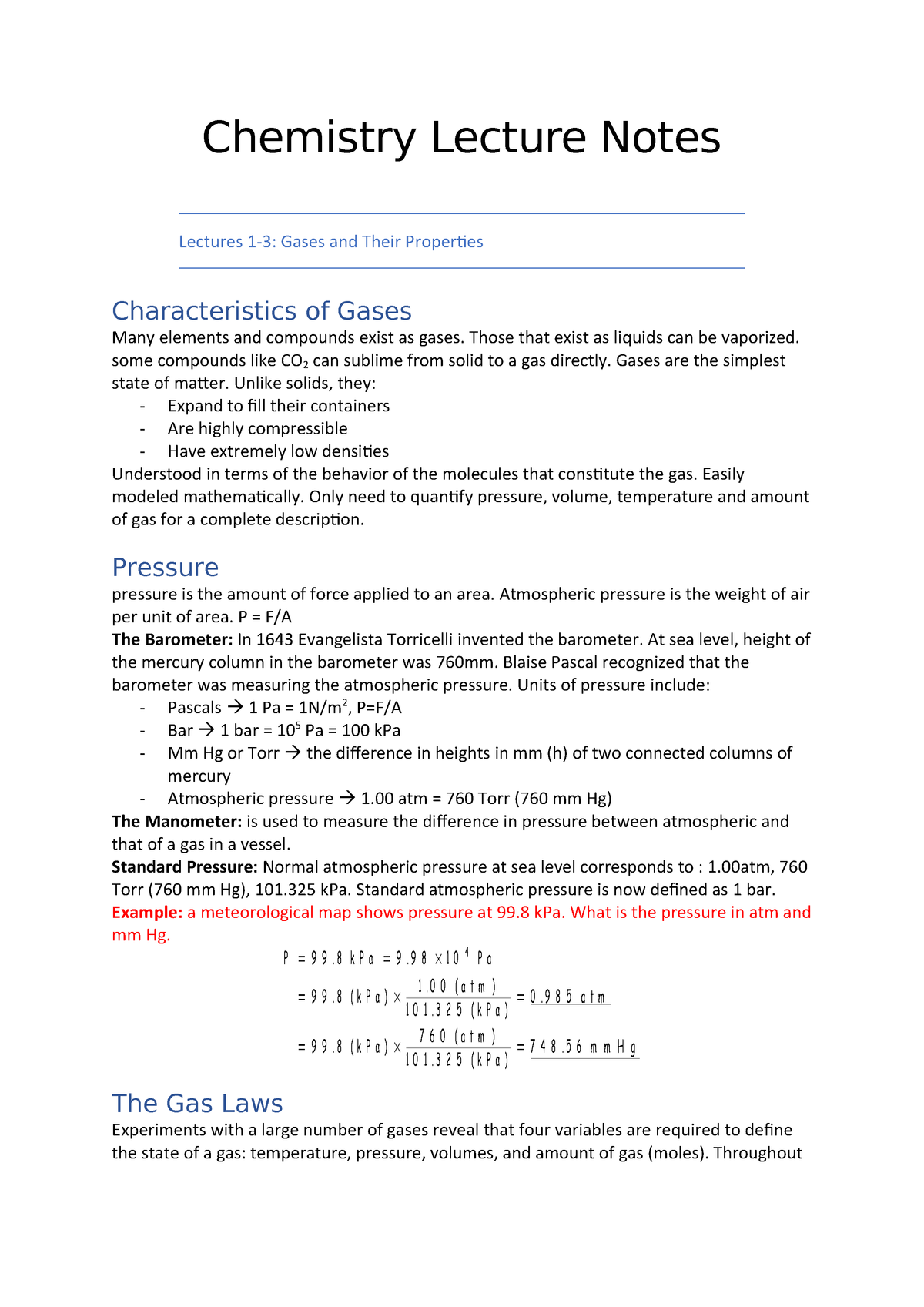 Chemistry Lecture Notes Chem1010 Chemistry Lecture Notes Lectures Gases And Studocu