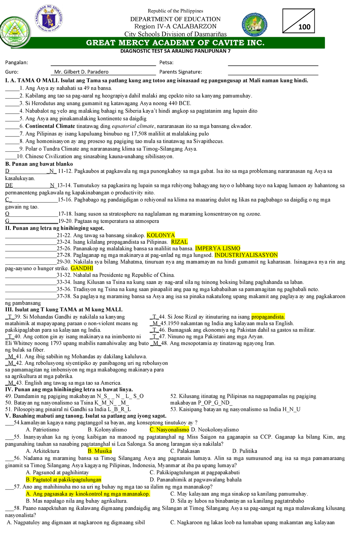 Scfull - Diagnostic Test For AP - Republic Of The Philippines ...