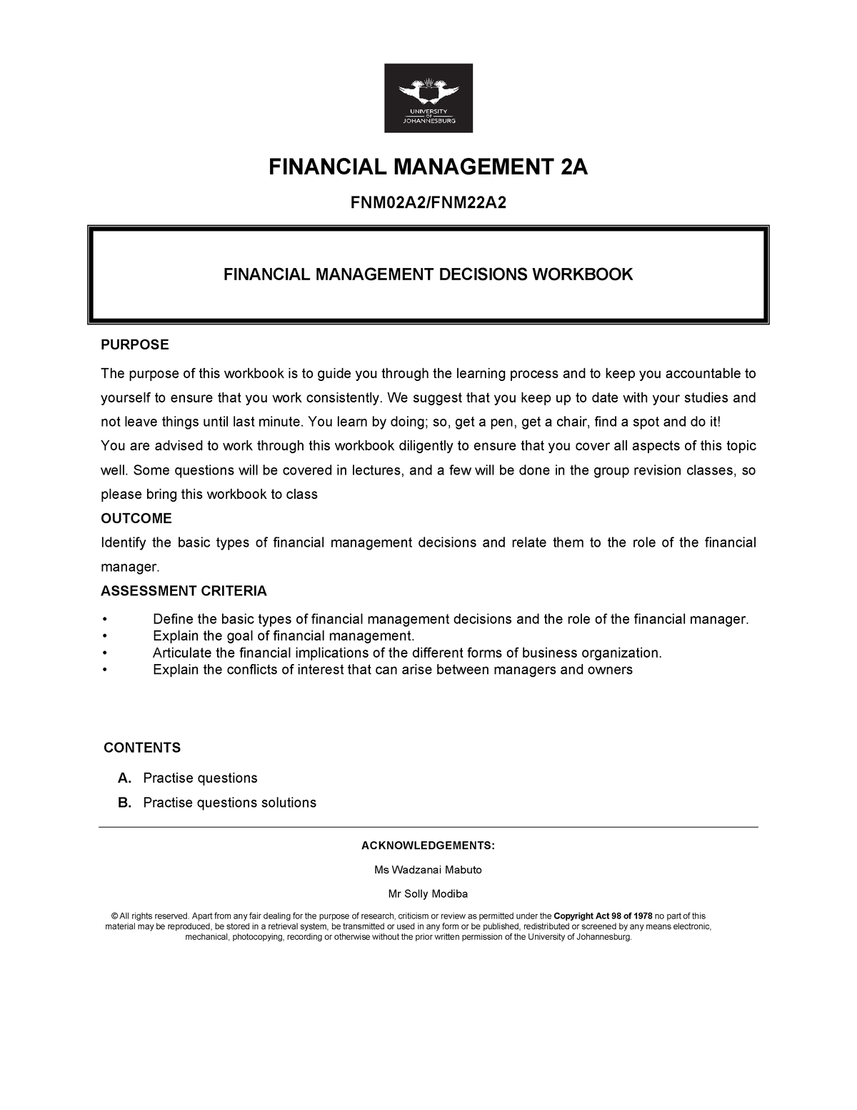 Financial Management Decisions Workbook - FINANCIAL MANAGEMENT 2A ...