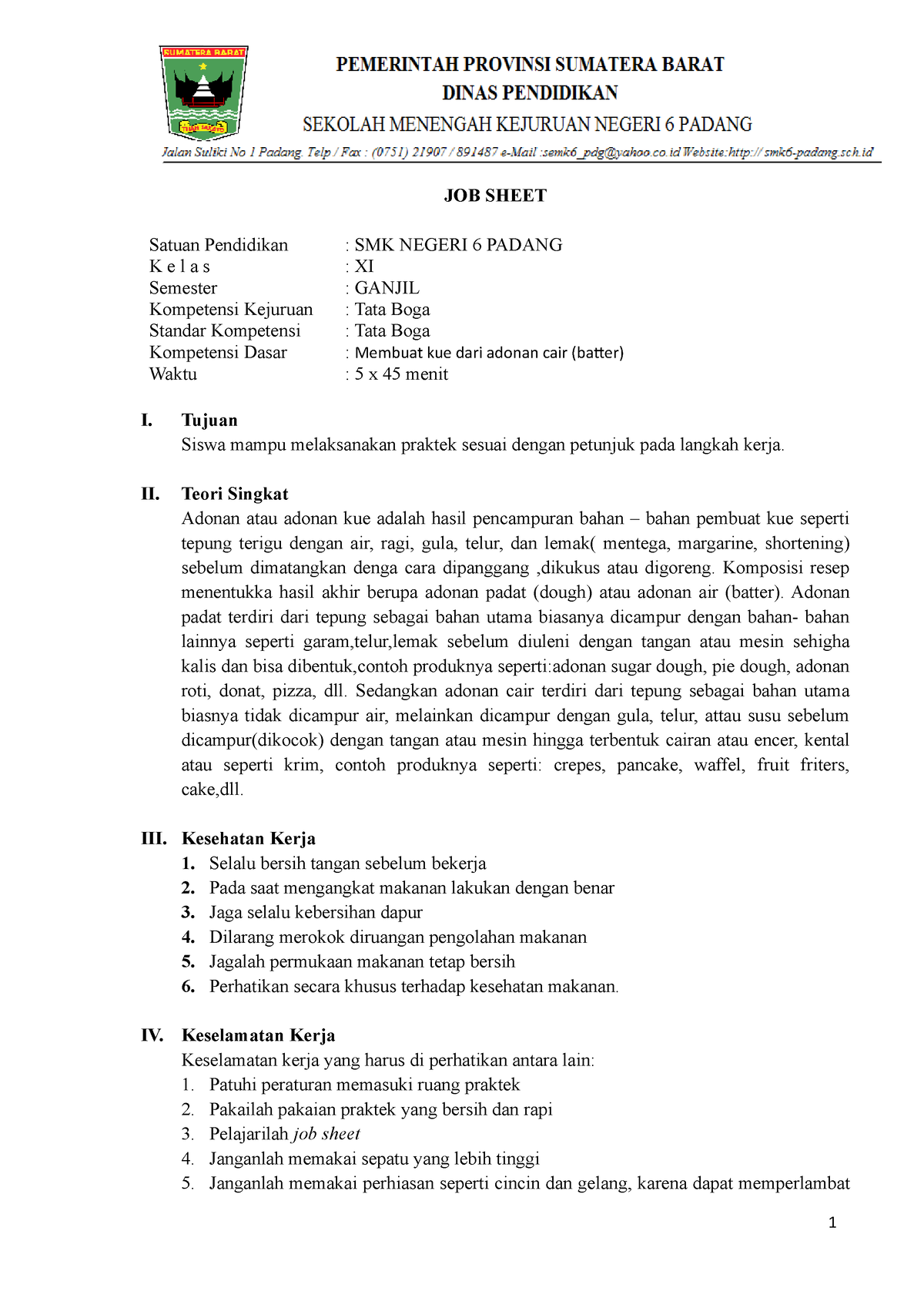 Jobsheet 1 - Aaaaaa - JOB SHEET Satuan Pendidikan : SMK NEGERI 6 PADANG ...