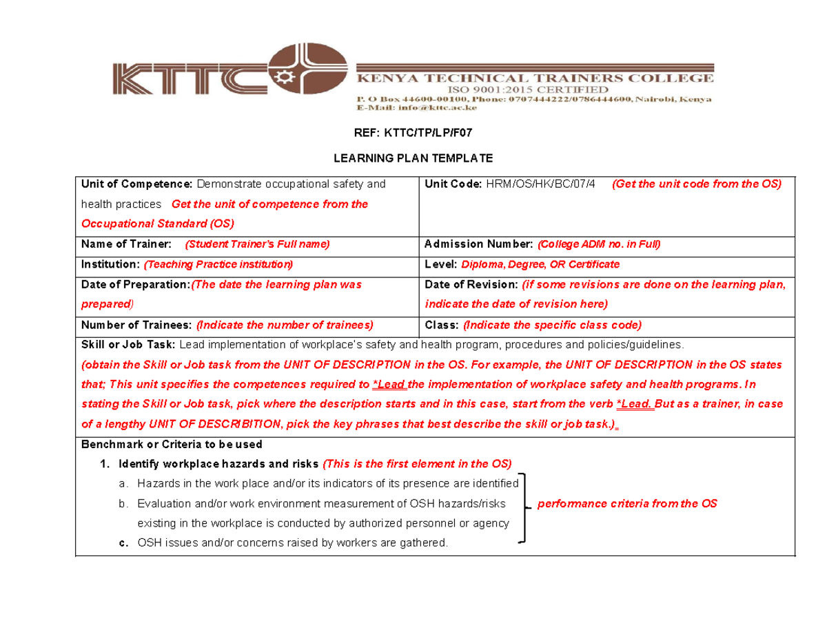 Learning Plan Template Draft-1 - REF: KTTC/TP/LP/F LEARNING PLAN ...