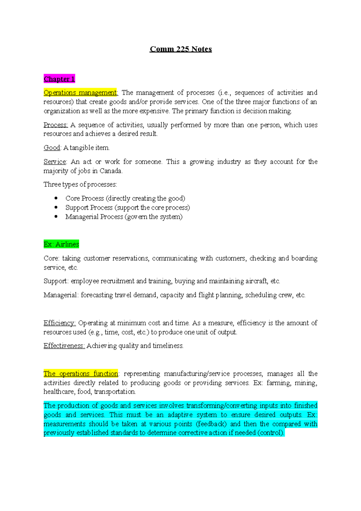 Comm 225 My Notes - Comm 225 Notes Chapter 1 Operations Management ...