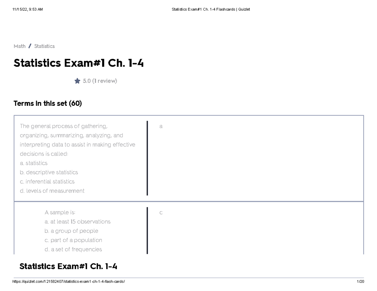 Statistics Exam#1 Ch. 1-4 Flashcards Quizlet - Statistics Exam#1 Ch. 1 ...