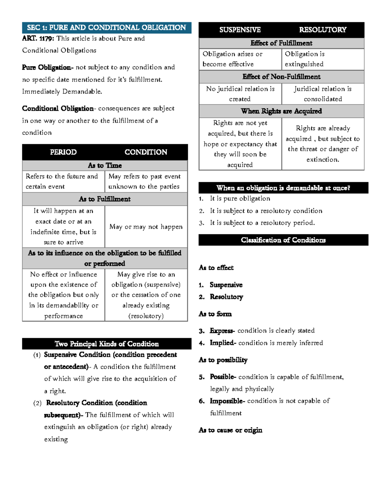 DIFFERENT KINDS OF OBLIGATION - SEC 1: PURE AND CONDITIONAL OBLIGATION ...