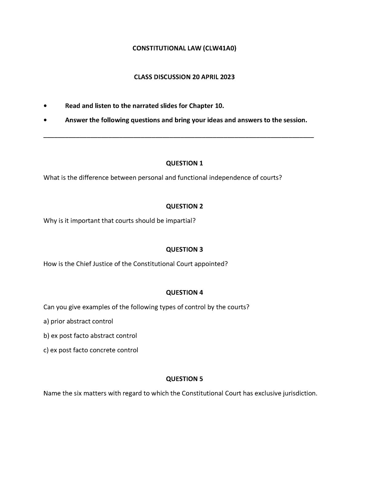 Chapter 10 Class Discussion - CLW41AO - UJ - Studocu