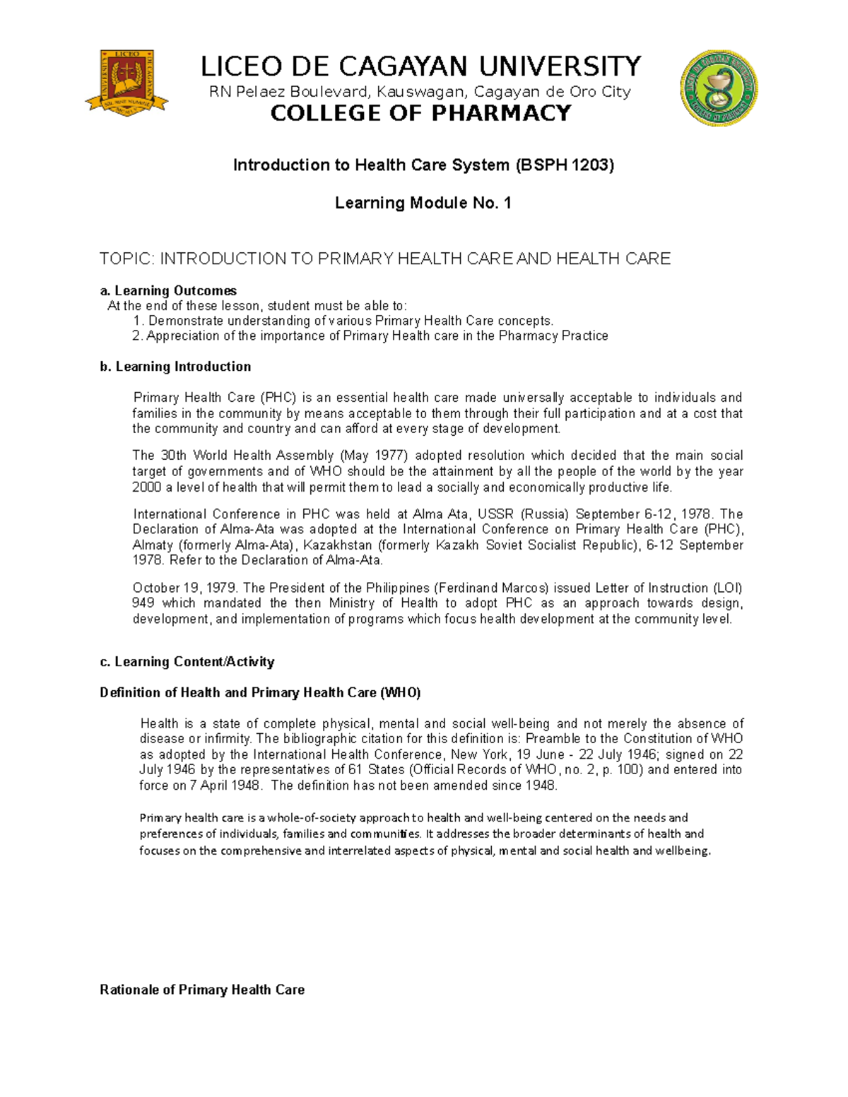 Pharmacy Healthcare Module 1 - LICEO DE CAGAYAN UNIVERSITY RN Pelaez ...