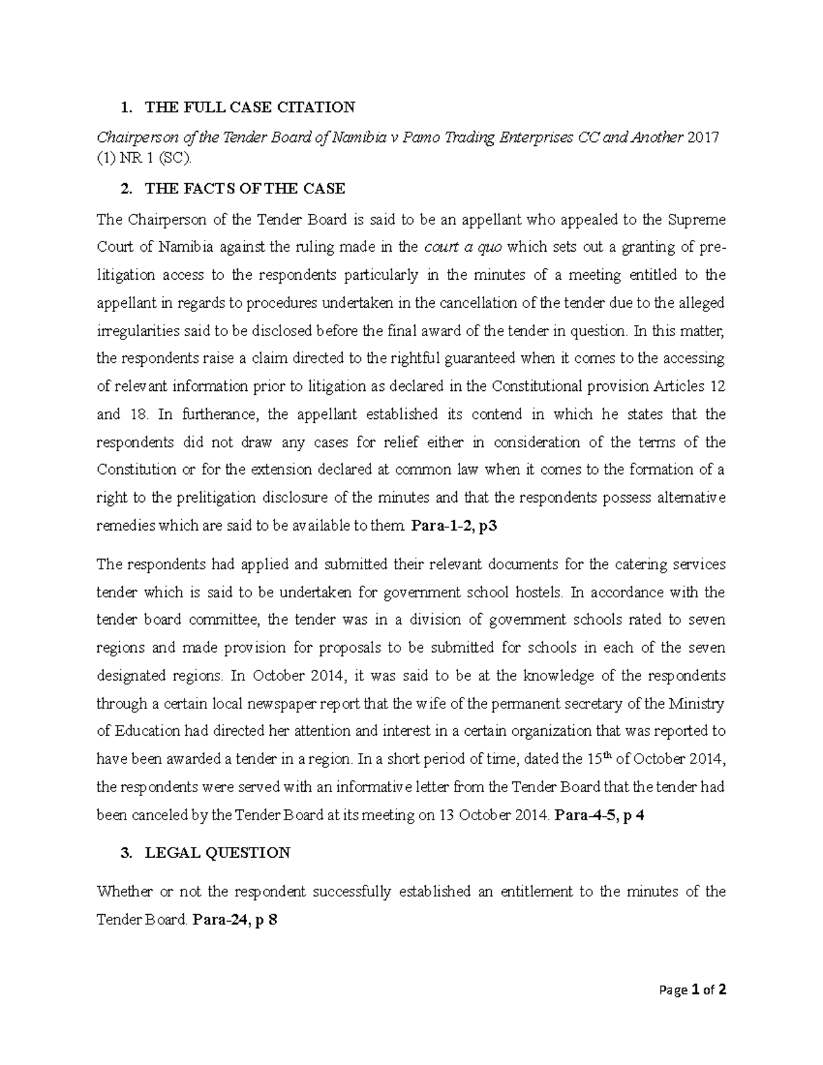 Chairperson of the Tender Board of Namibia v Pamo Trading Enterprises CC and Another 2017 (1) NR