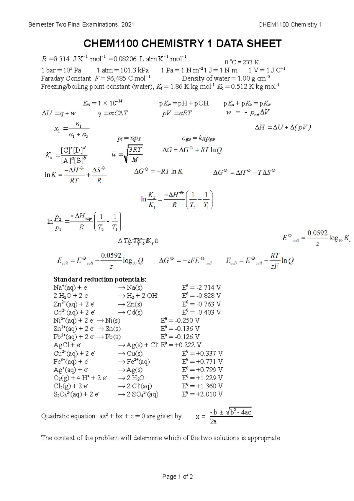 CHEM1100 Chemistry 1 Eos 2 2021 Data Sheet & Periodic Table - CHEM1100 ...