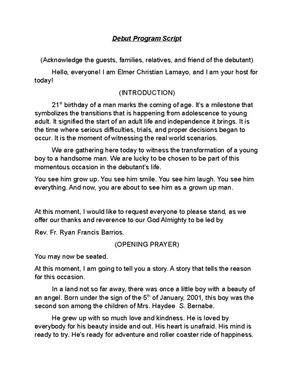 Debut Program Script - Debut Program Script (Acknowledge the guests ...