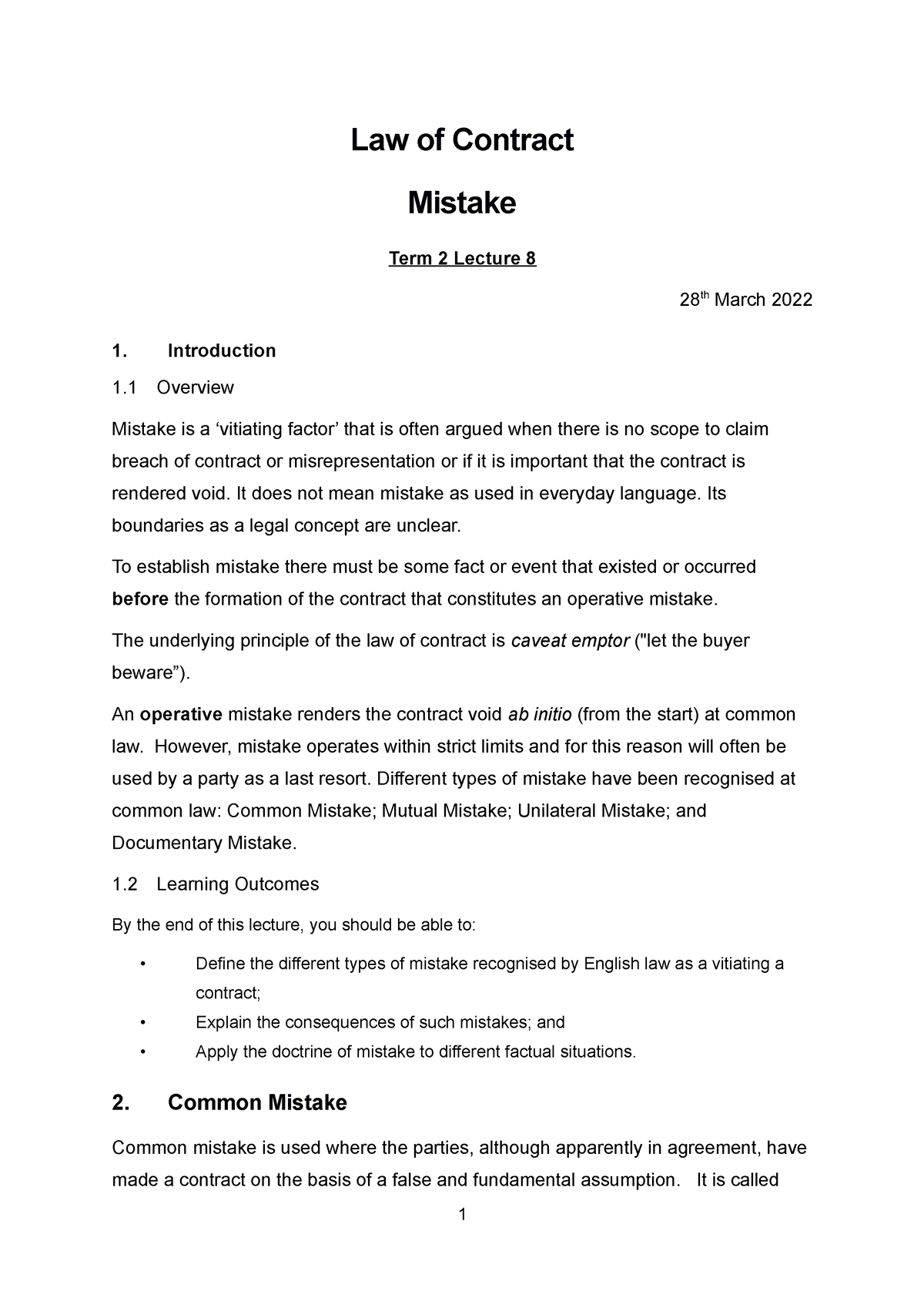 contract law mistake essay