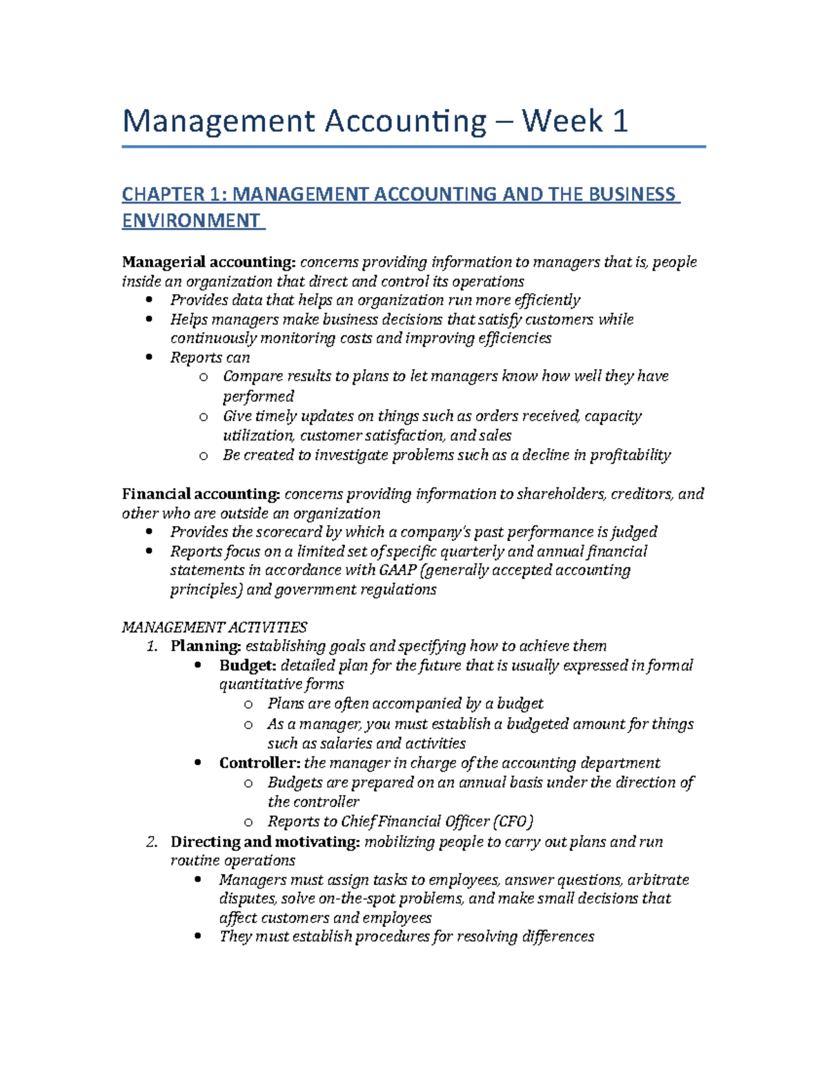 Week 1 (ACCT2230) - Summary Managerial Accounting - Management ...