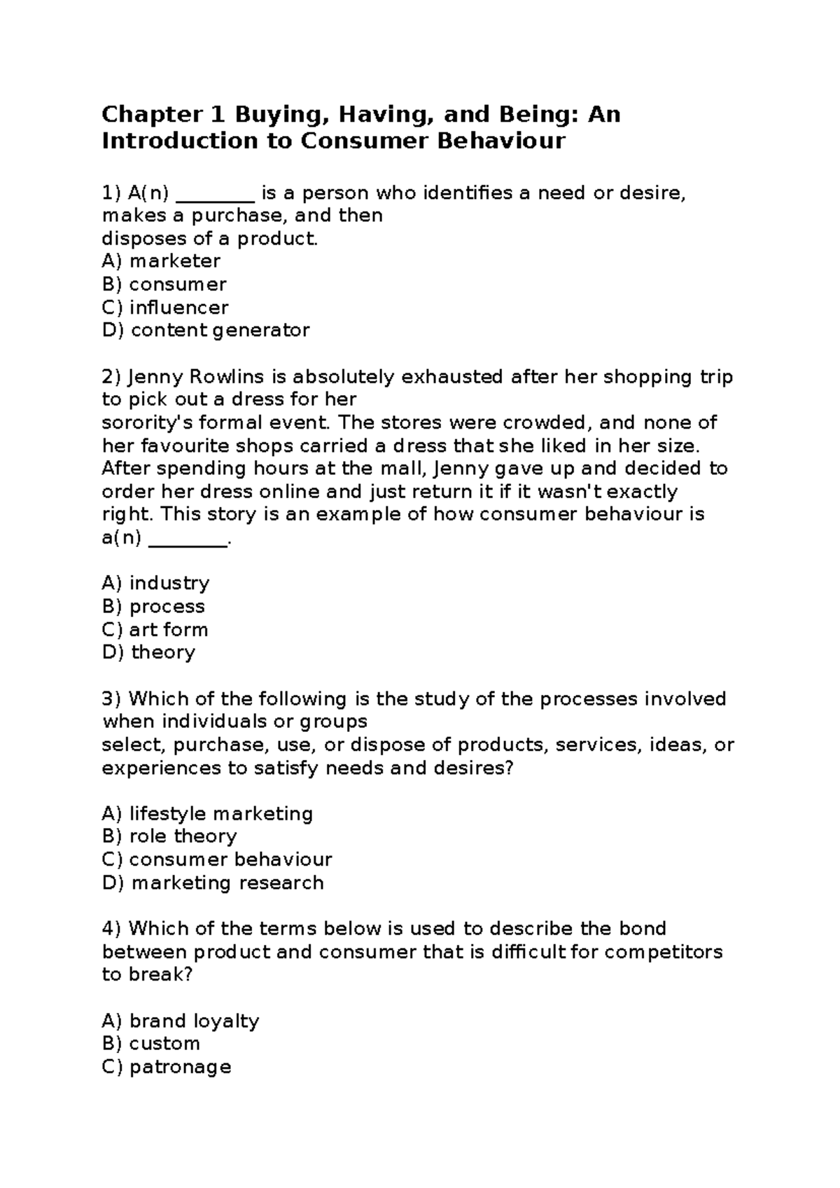 Consumer Behavior Test Bank Extention NO answers - Chapter 1 Buying ...