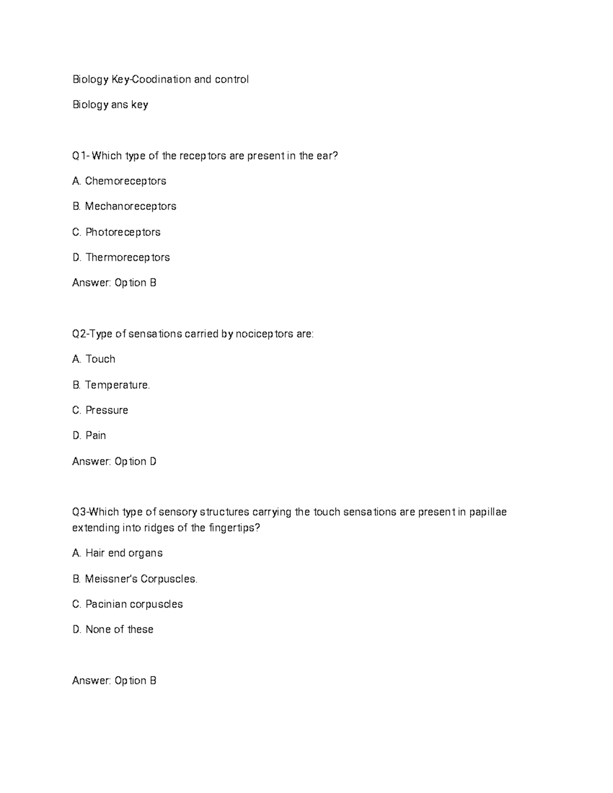 Test-3(Bio-key)Coordination and control - Biology Key-Coodination and ...