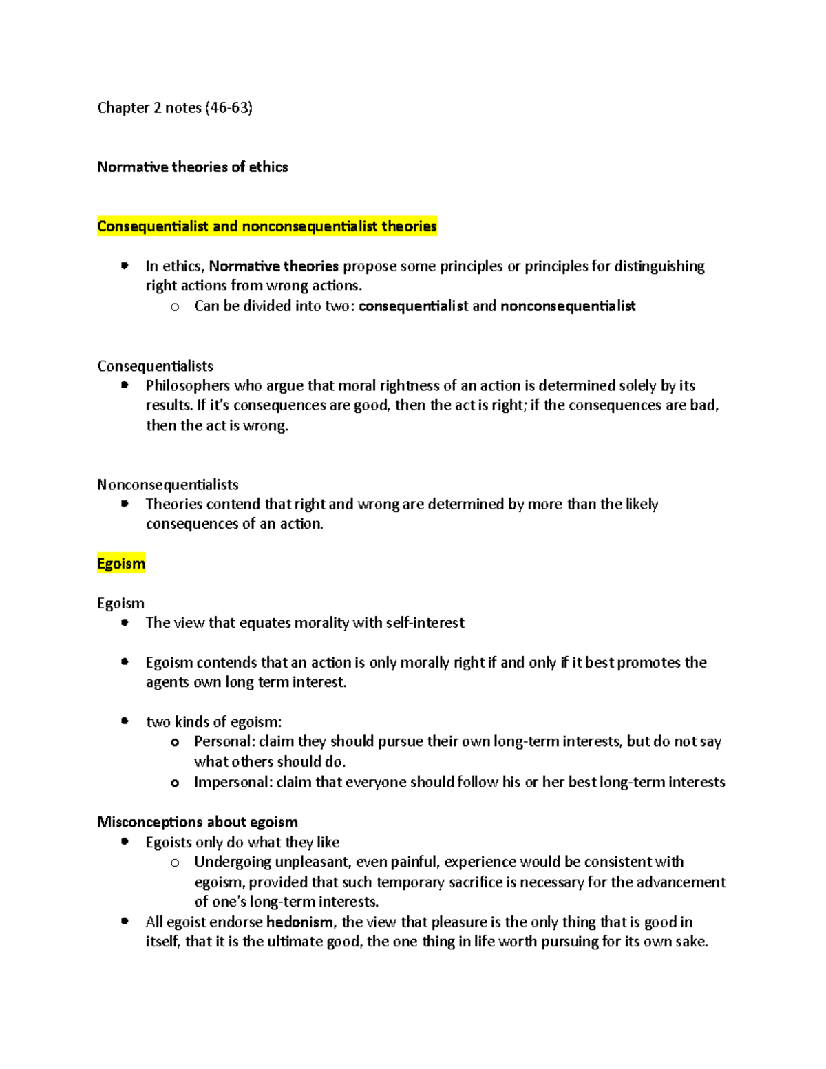Chapter 2 notes - Chapter 2 notes (46-63) Normative theories of ethics ...