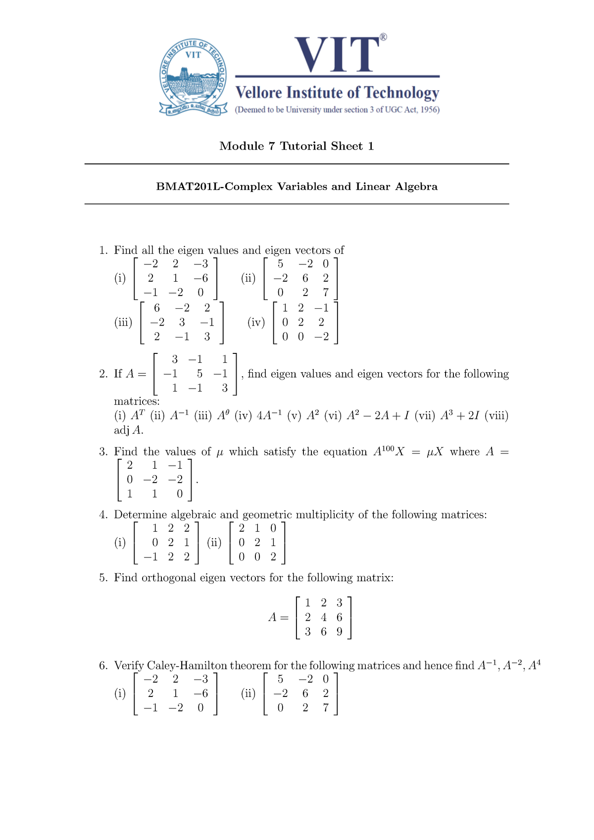 Mod 7 - Tut 1 - Module 7 Tutorial Sheet 1 BMAT201L-Complex Variables ...