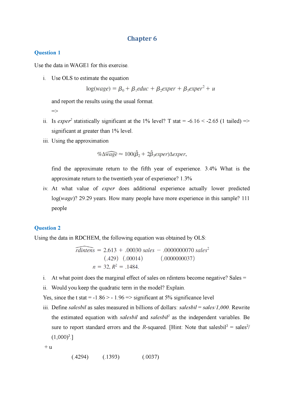 Tutorial 3 Chapter 6 - Meh - Chapter 6 Question 1 Use The Data In WAGE1 ...