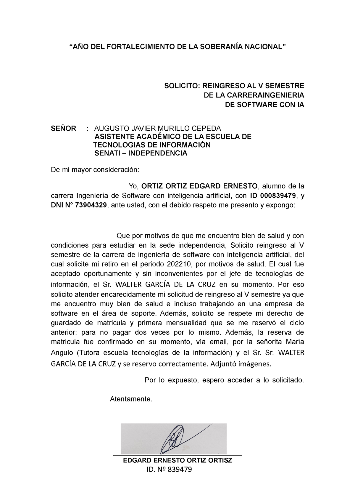 Carta De Solicitud De Reingreso Assistente Administra 7285