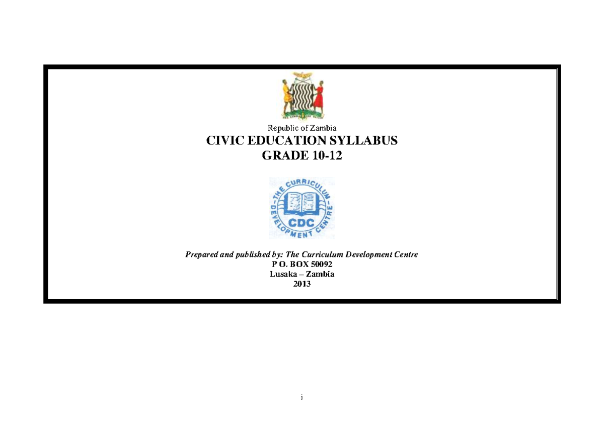 Civic Education Syllabus Grade 10 to 12 i Republic of Zambia CIVIC