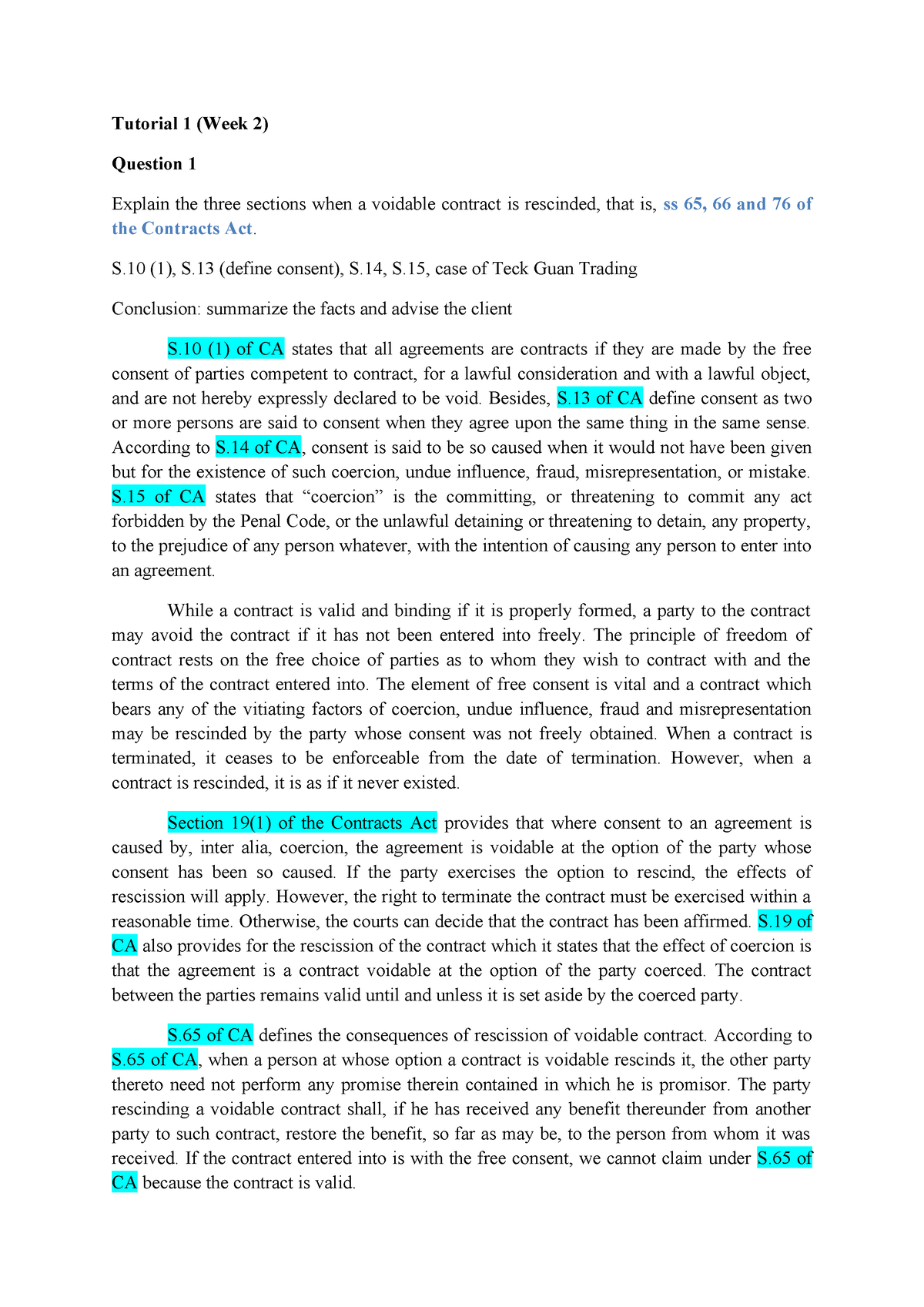 Contract Law II Tutorial 1 - Tutorial 1 (Week 2) Question 1 Explain The ...