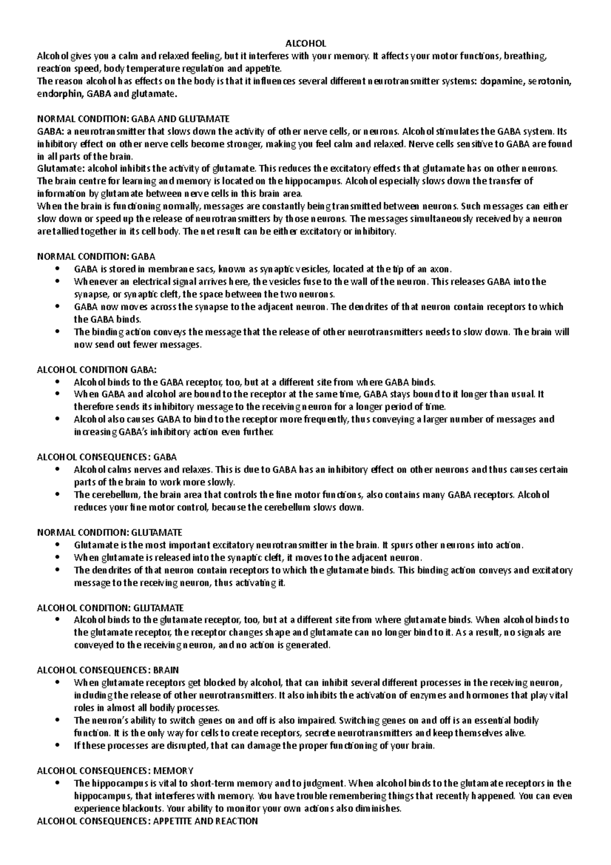 Drugs And The Brain - Lecture Notes 11 - Alcohol Alcohol Gives You A 