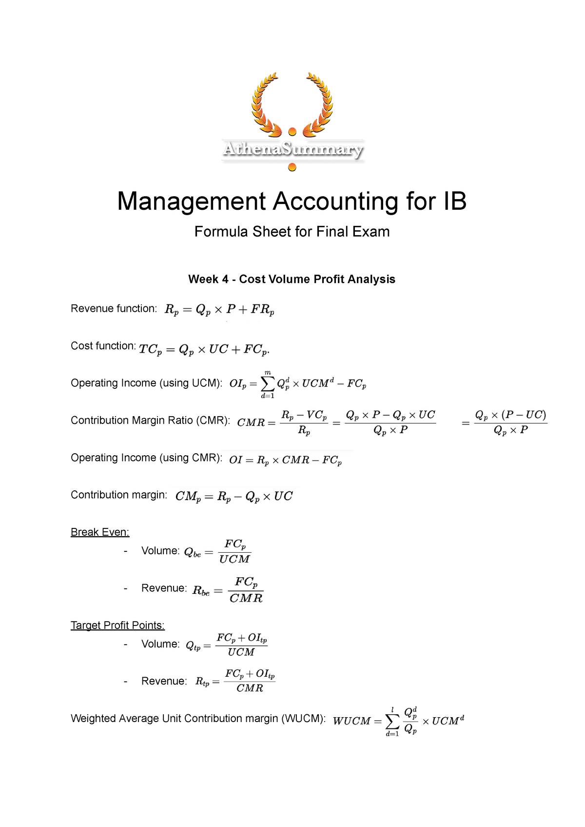 Management Accounting for International Business Formula Sheet ...