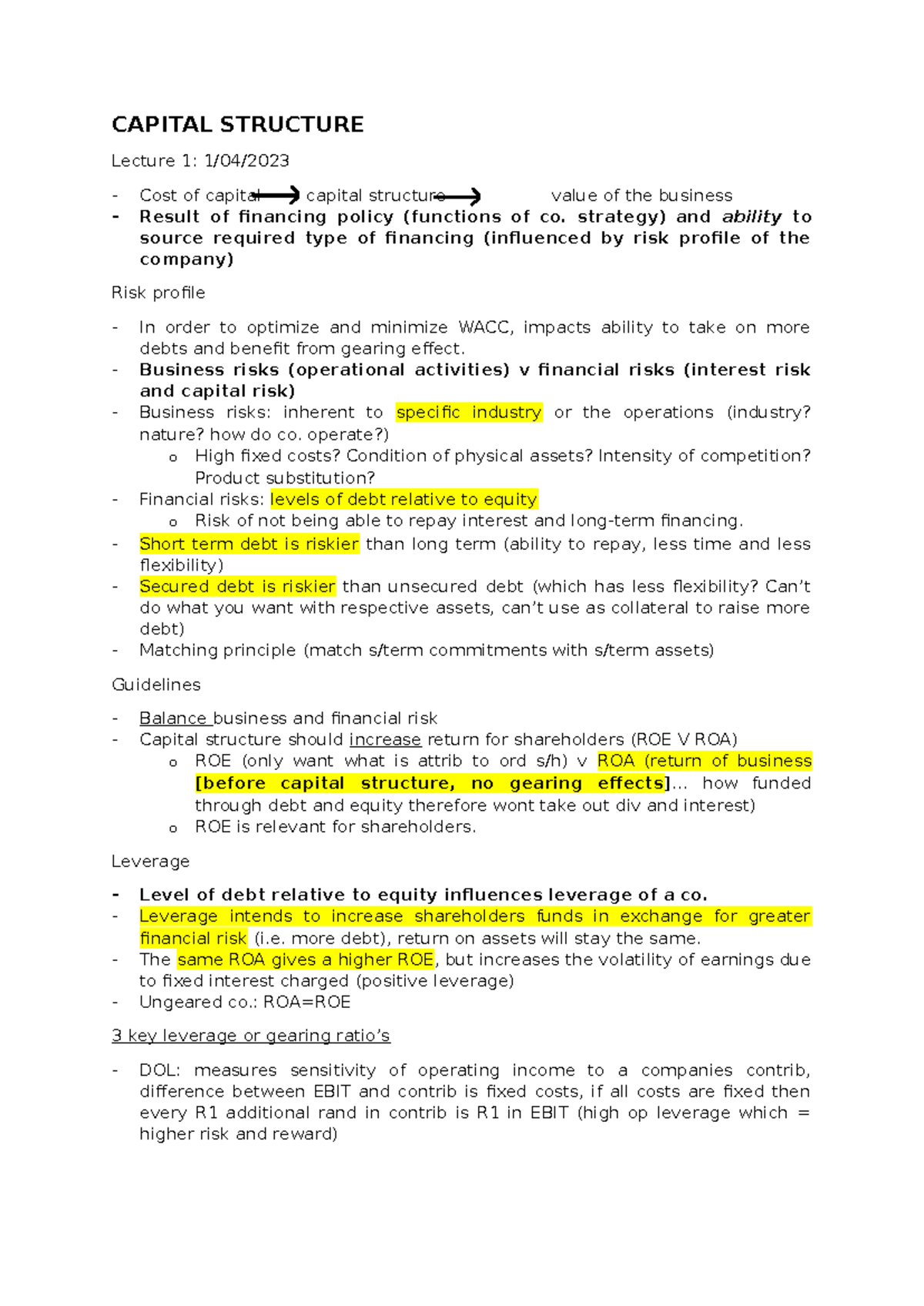 Capital Structure Notes Capital Structure Lecture 1 1 04 Cost Of