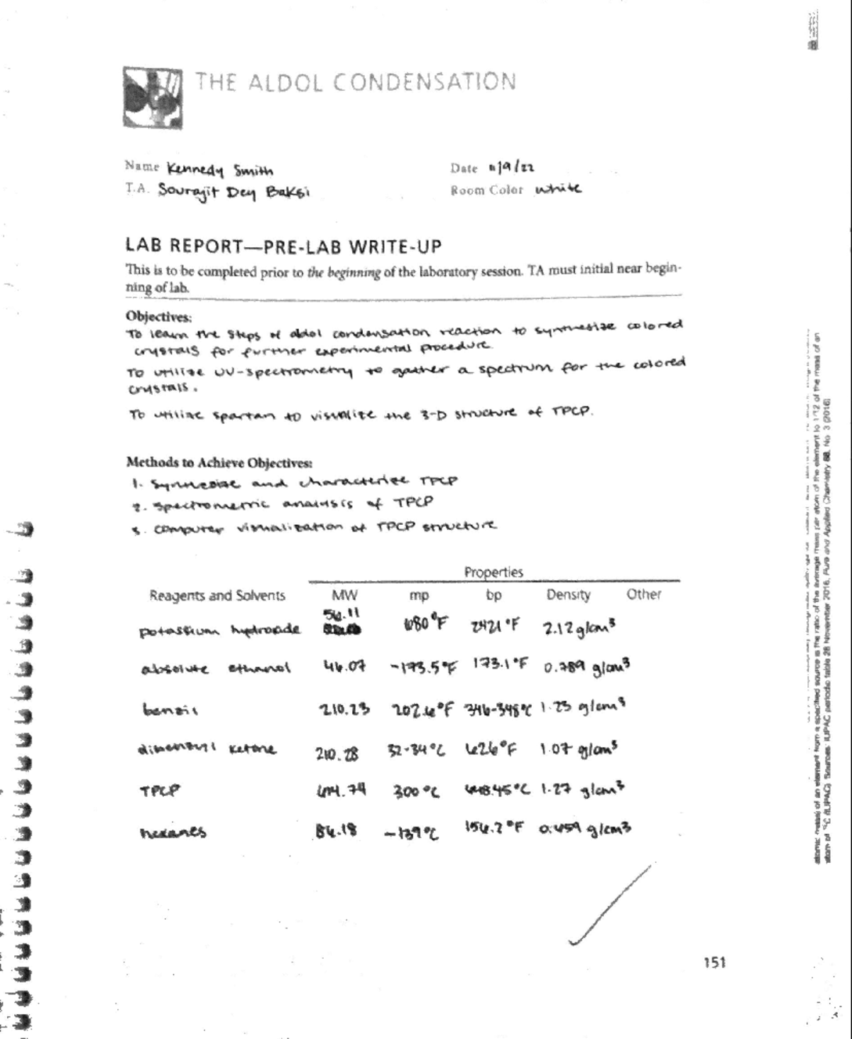 Aldol Condensation In lab notebook for OCHEM lab (prof Krishan