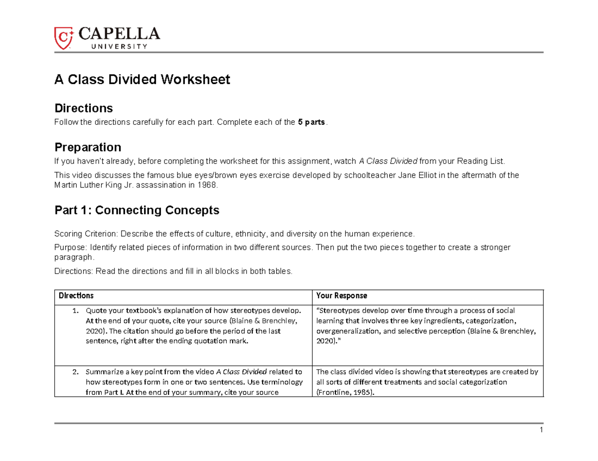 Cf a class divided worksheet - A Class Divided Worksheet Directions ...