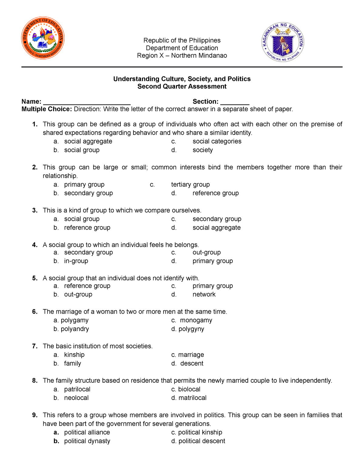 Ucsp St Quarter Test Docx Republic Of The Philippines Department Of Hot Sex Picture 2453