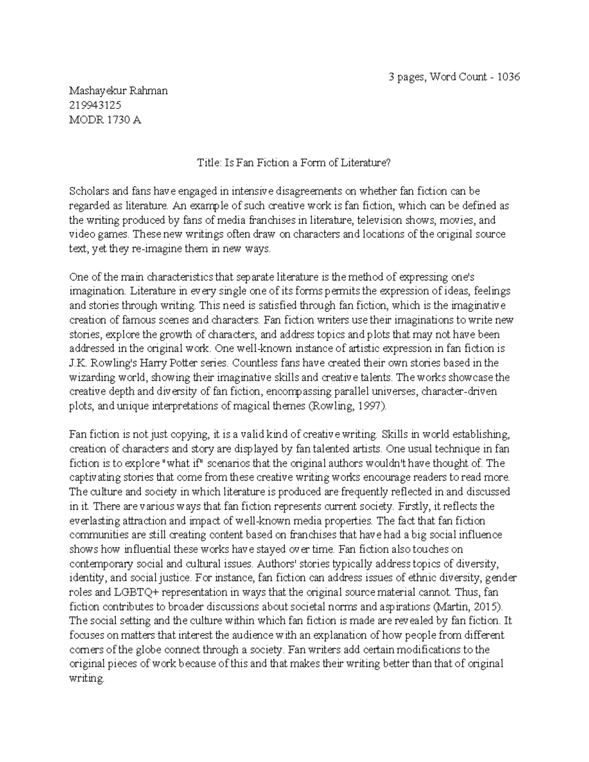 Title Is Fan Fiction a Form of Literature - 3 pages, Word Count - 1036 ...