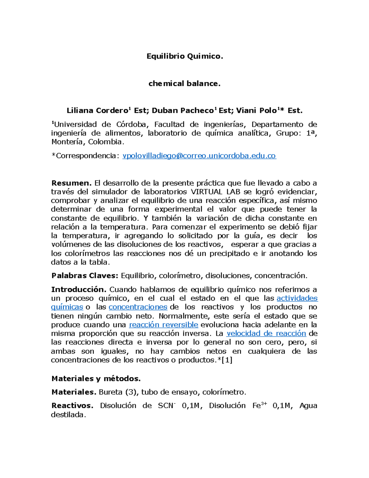 Equilibrio Químico- Informe De Laboratorio - Equilibrio Quimico ...