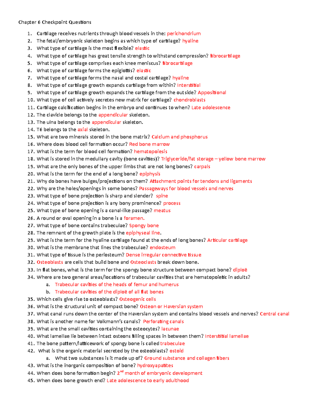 Chapter 6 Checkpoint Answers - Chapter 6 Checkpoint Questions Cartilage ...