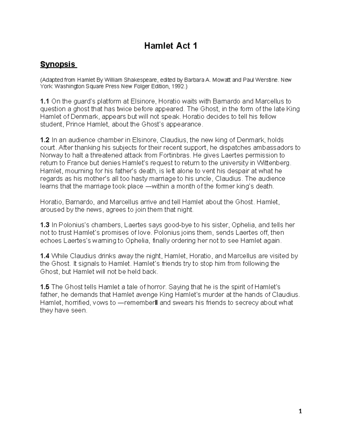 Hamlet Act 1 Handout-3 - Hamlet Act 1 Synopsis (Adapted from Hamlet By ...