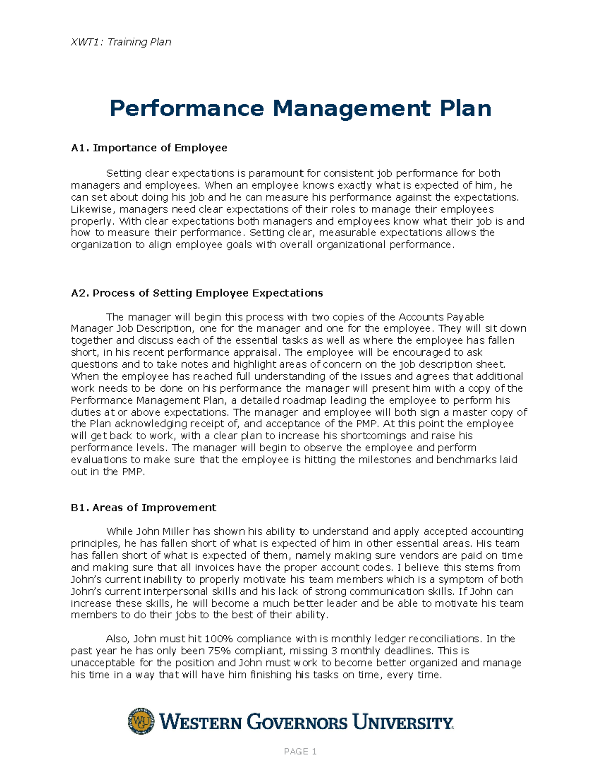 C235 Task 2 Performance Plan - XWT1: Training Plan Performance ...