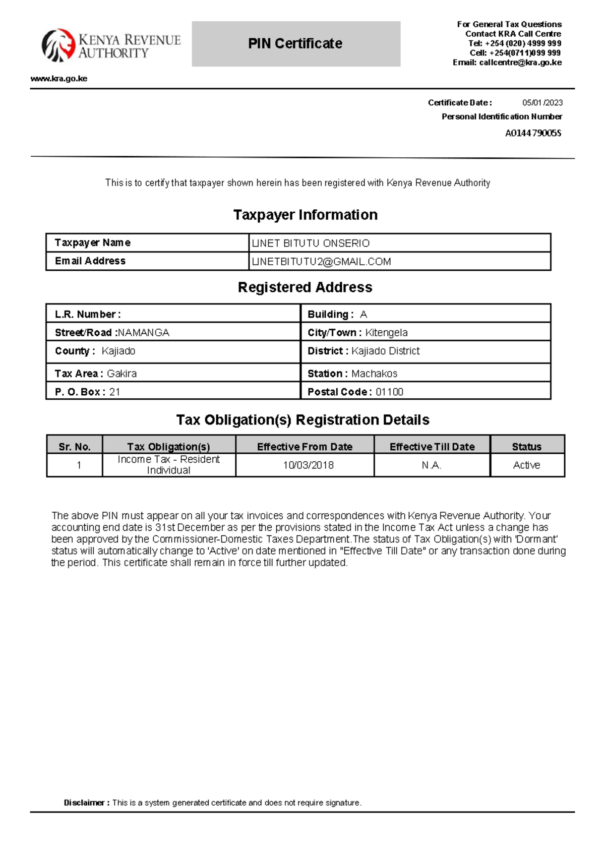 KRA PIN - VVVVVVVVVVVVVVVVV - PIN Certificate For General Tax Questions ...