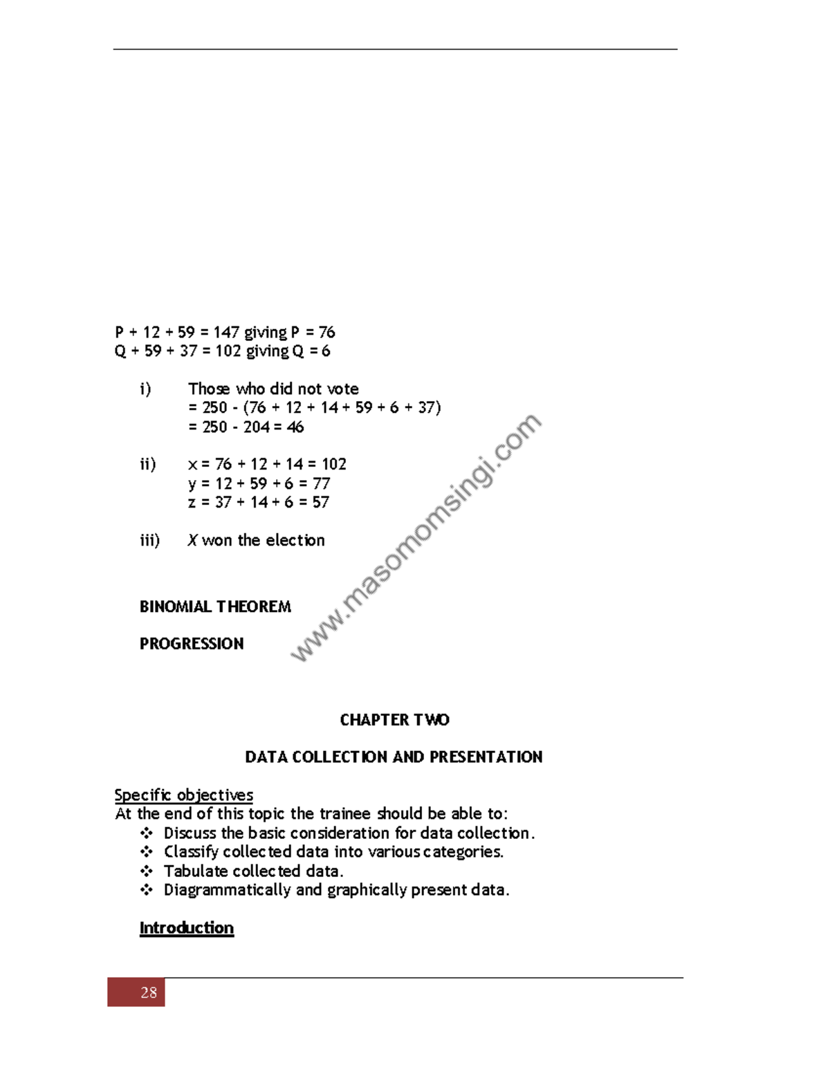DATA Collection AND Presentation - P + 12 + 59 = 147 giving P = 76 Q ...