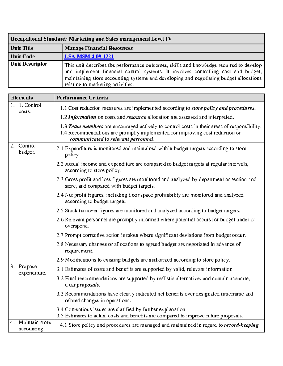 Occupational Standard It involves controlling cost and budget