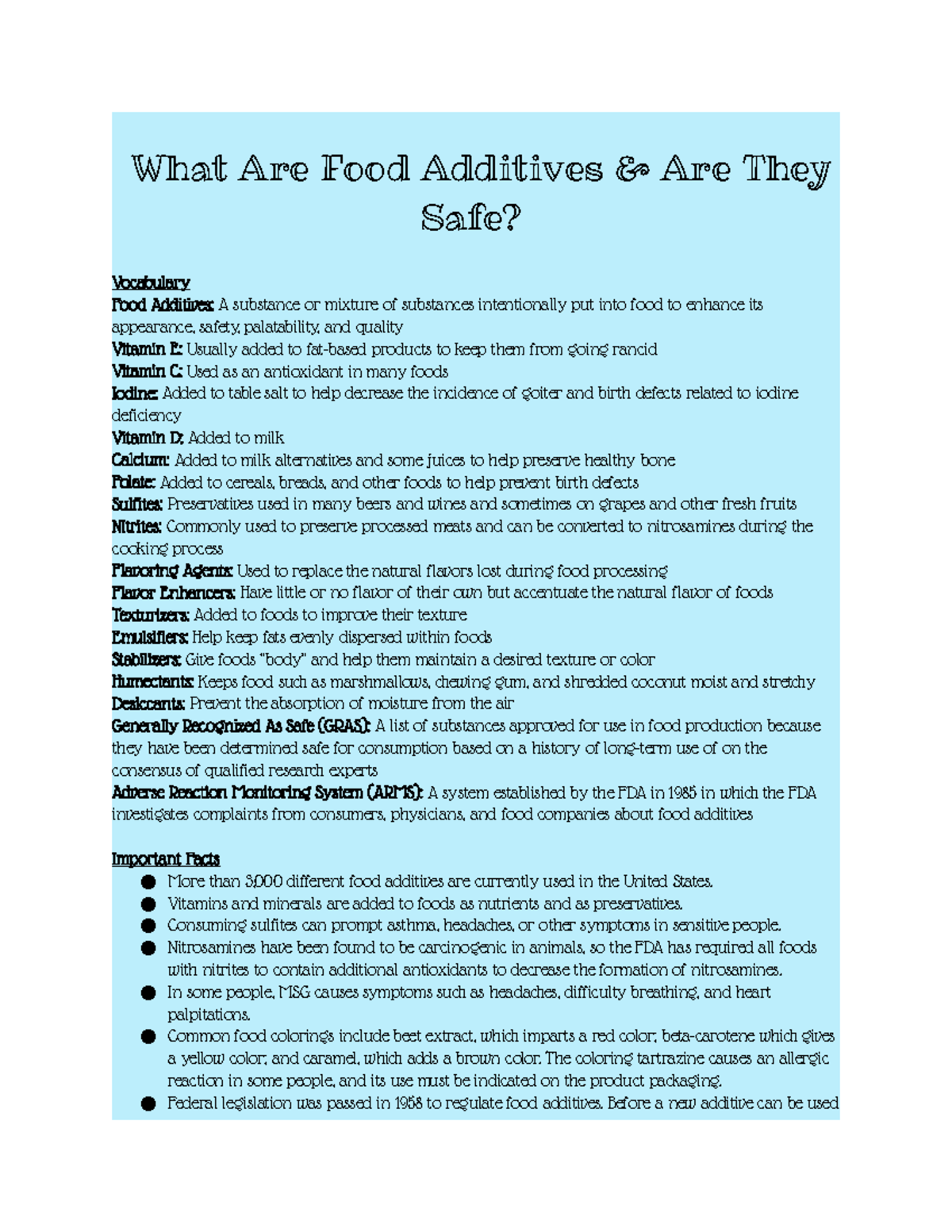Ch. 12.5 Notes - What Are Food Additives & Are They Safe? Vocabulary ...
