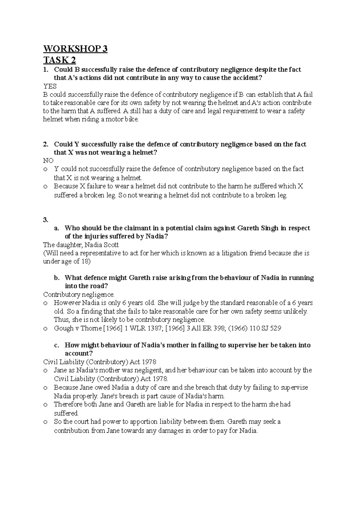 TORT WS3 - TORT LAW WORKSHOP - WORKSHOP 3 TASK 2 Could B successfully ...